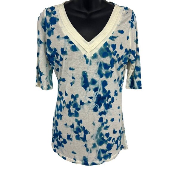 Ann Taylor Womens Blue Floral V-Neck Blouse Top Size Small S Short Sleeve New - Picture 1 of 9